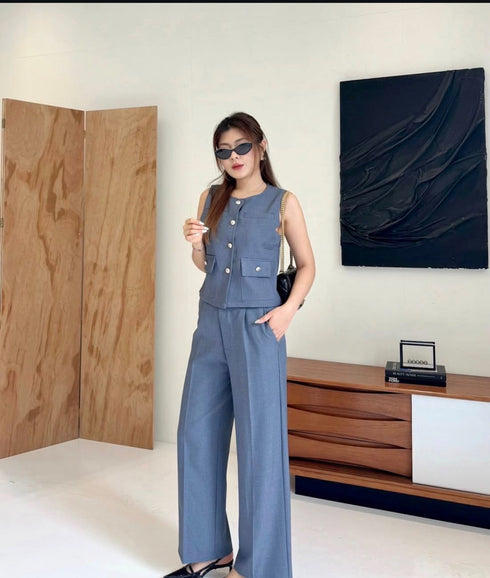Women Elegant Button Down Vest With Trousers Sets